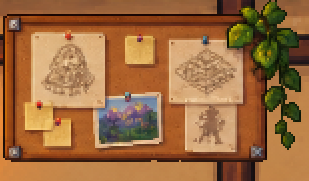 Cork board with sketches of a castle and a block map